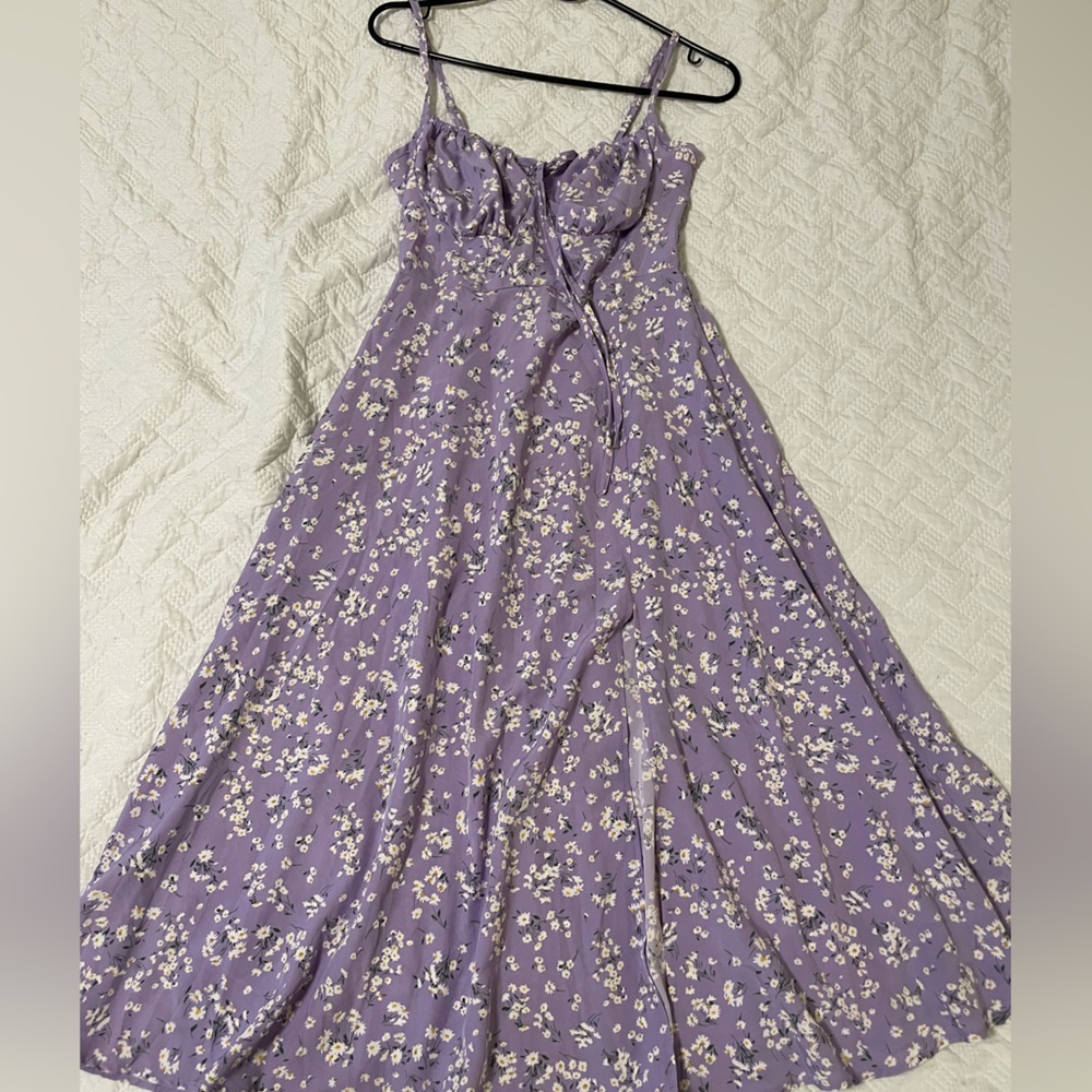 Floral print square neck split thigh dress